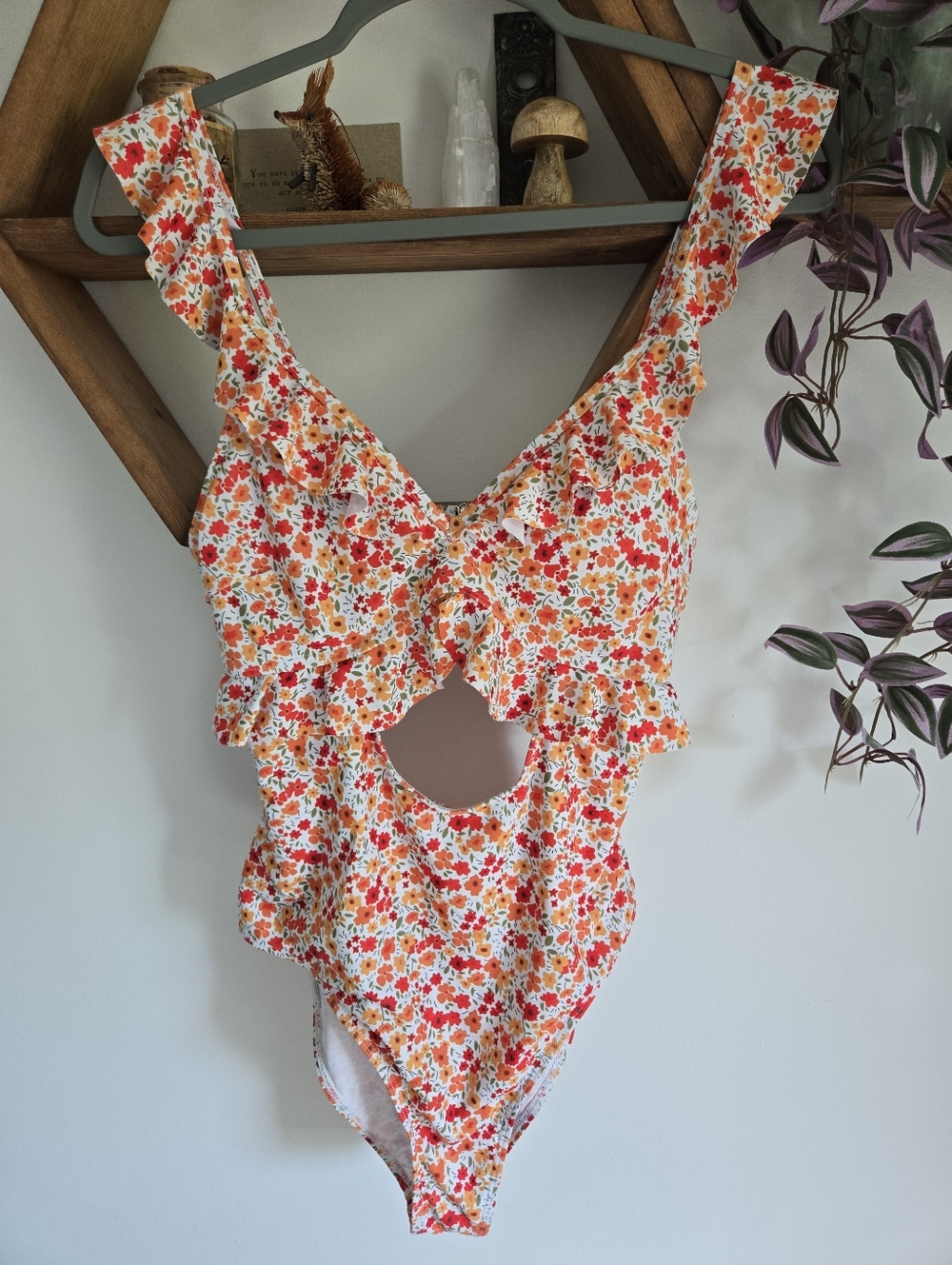 SHEIN Floral One-Piece Swimsuit in White, Red & Orange